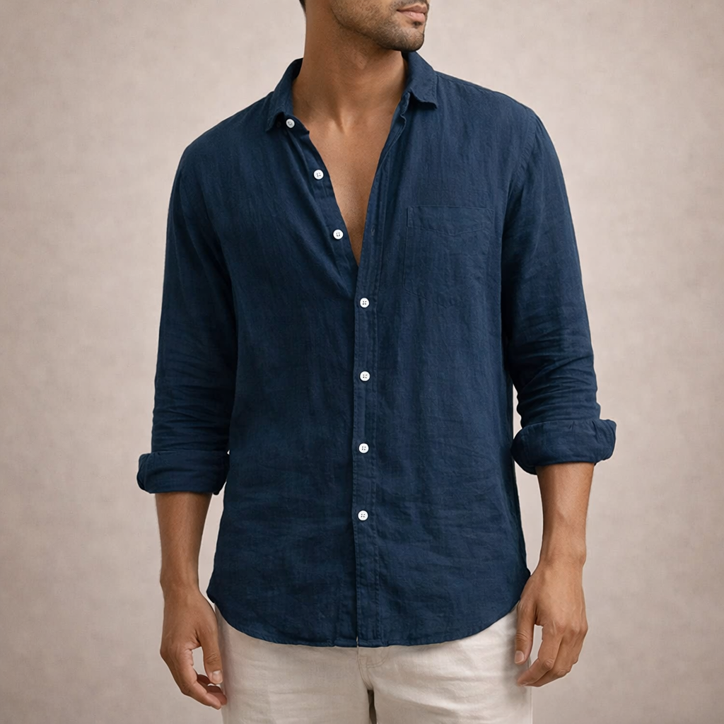 Chemise en lin pour homme – Coupe Regular Fit – Tissu léger et respirant – Col ouvert – Manches longues