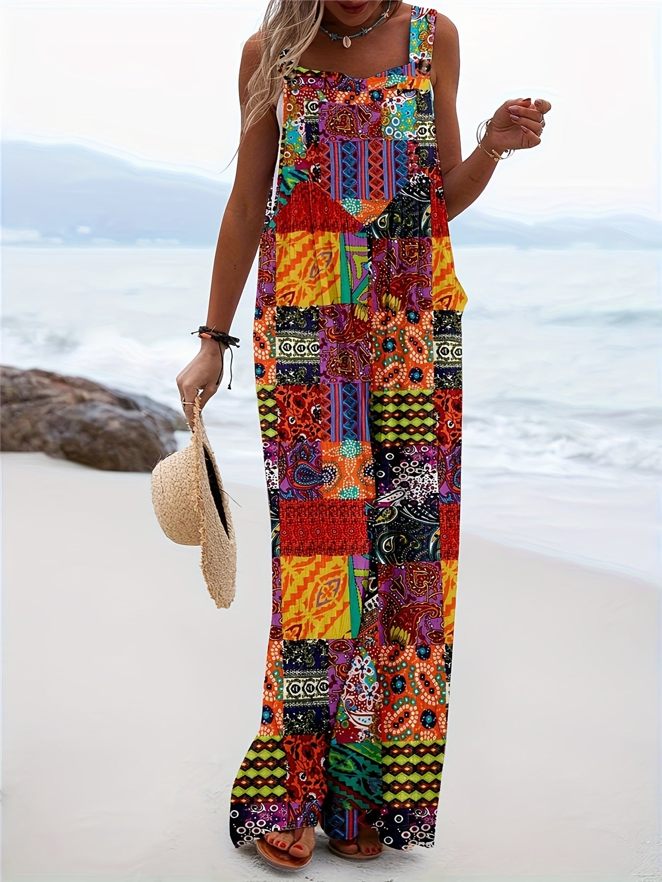 Combinaison Large Femme Imprimé Patchwork | Sans Manches & Style Bohème Chic