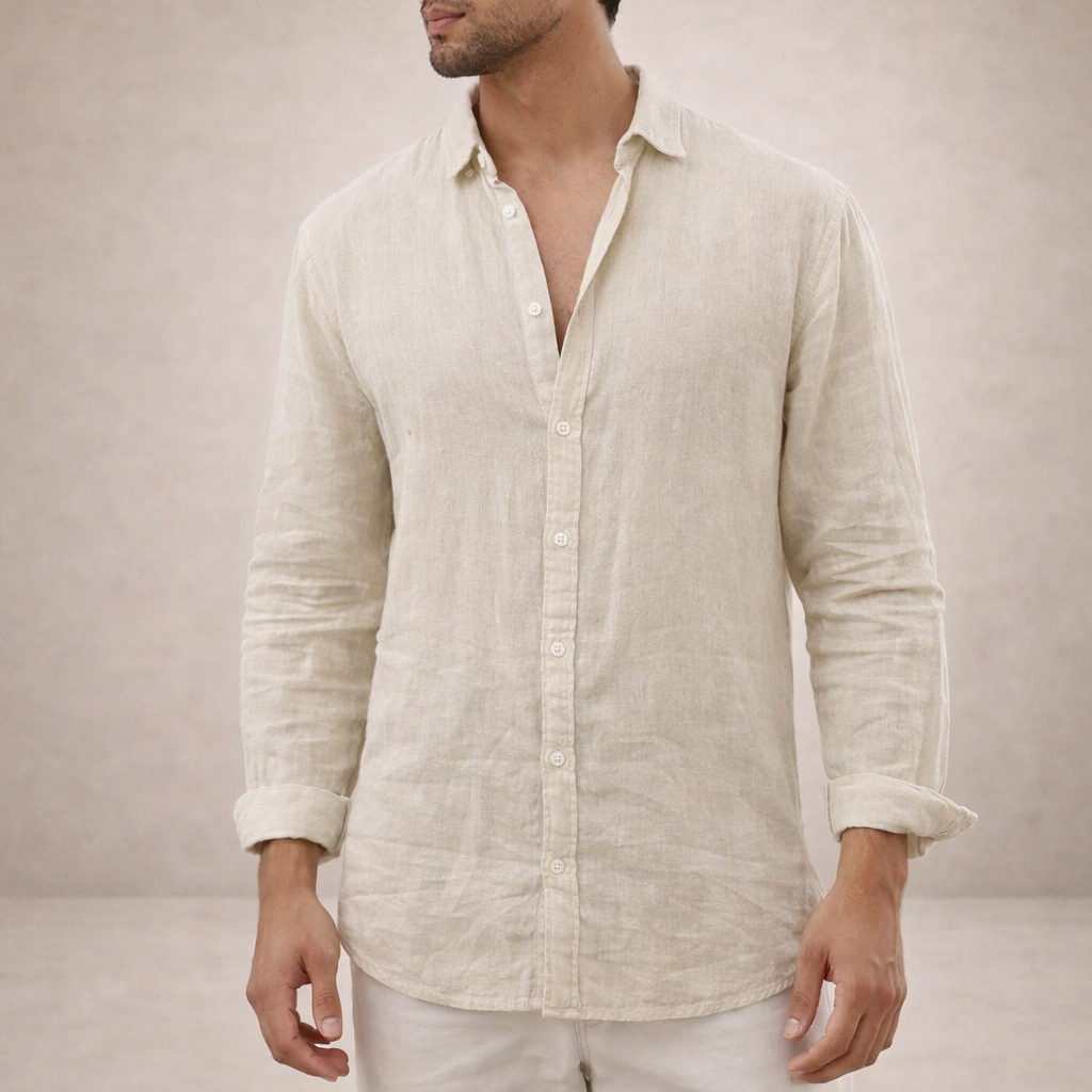 Chemise en lin pour homme – Coupe Regular Fit – Tissu léger et respirant – Col ouvert – Manches longues