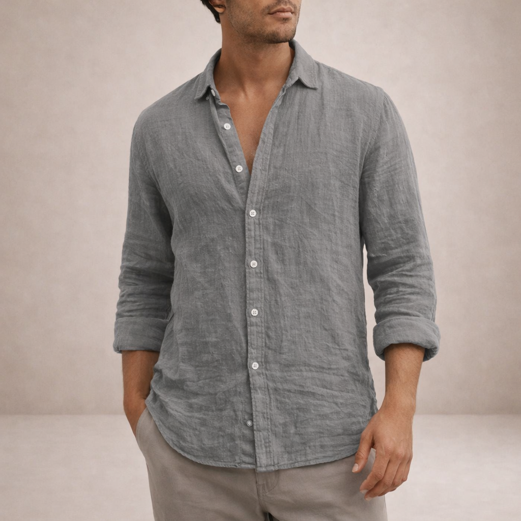Chemise en lin pour homme – Coupe Regular Fit – Tissu léger et respirant – Col ouvert – Manches longues
