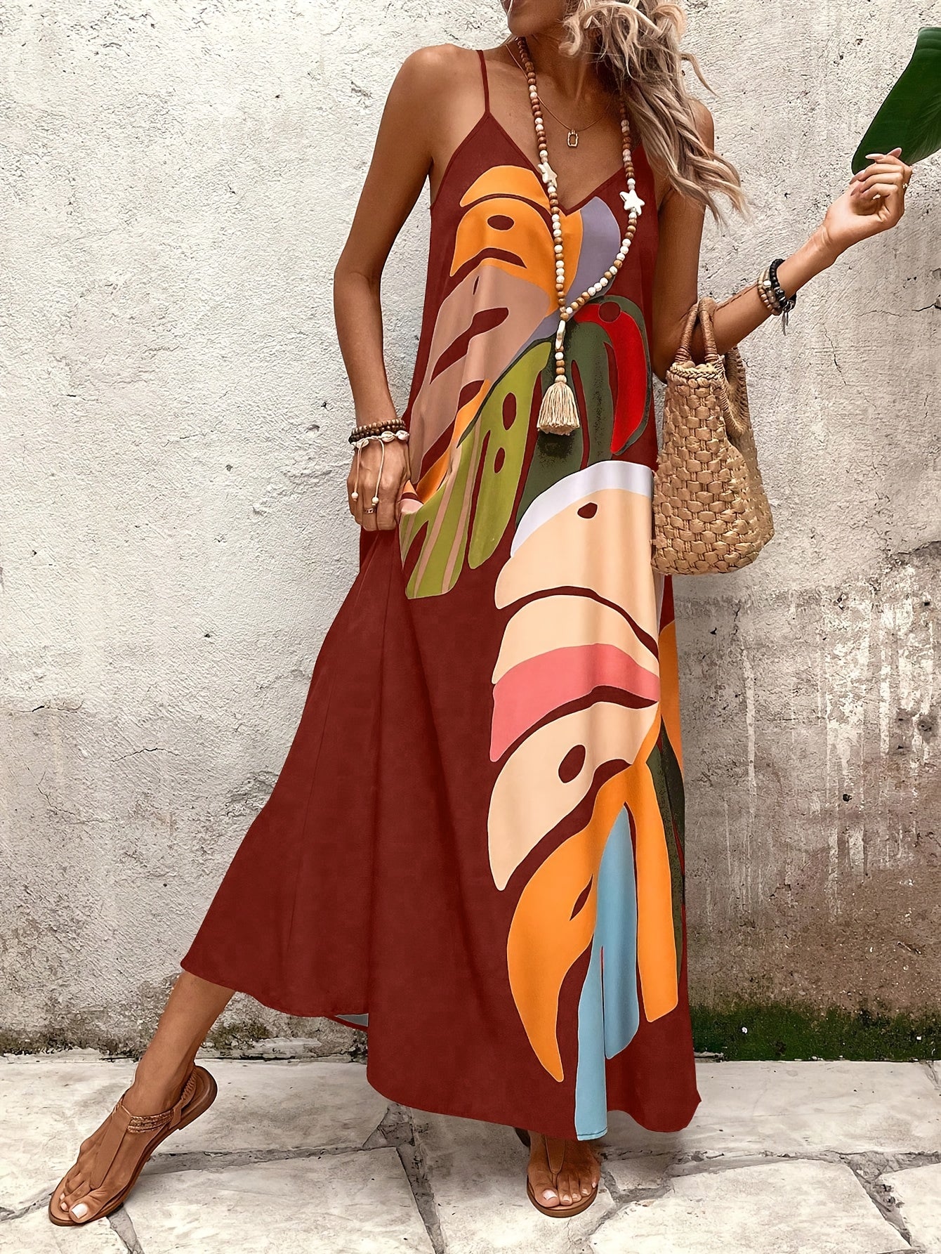 Robe Longue Bohème À Imprimé Feuilles Tropicales | Élégante, Fluide Et Originale