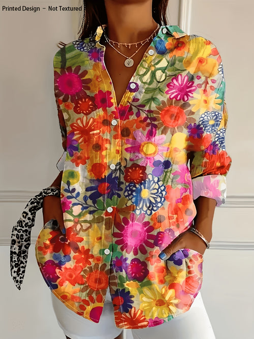 Chemise à manches longues à imprimé floral pour femme, avec col à revers et détails repassés - Blouse à manches longues vibrante pour adultes, style décontracté et sophistiqué