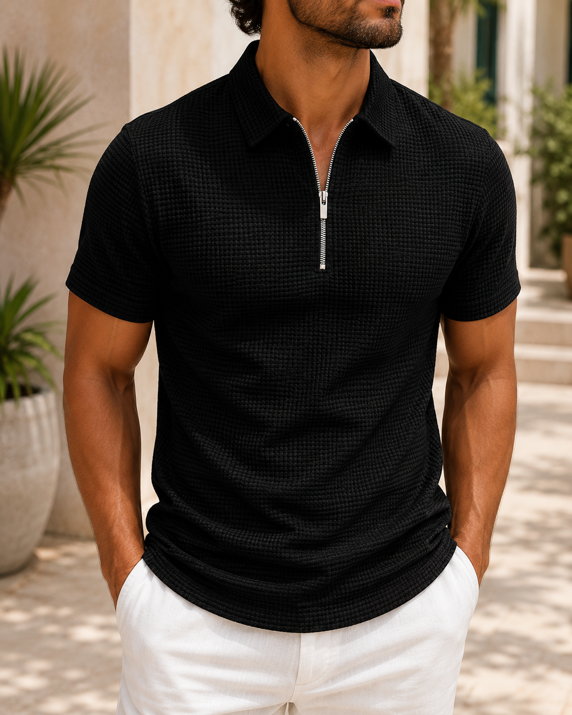 Polo Texturé Homme À Fermeture Zippée