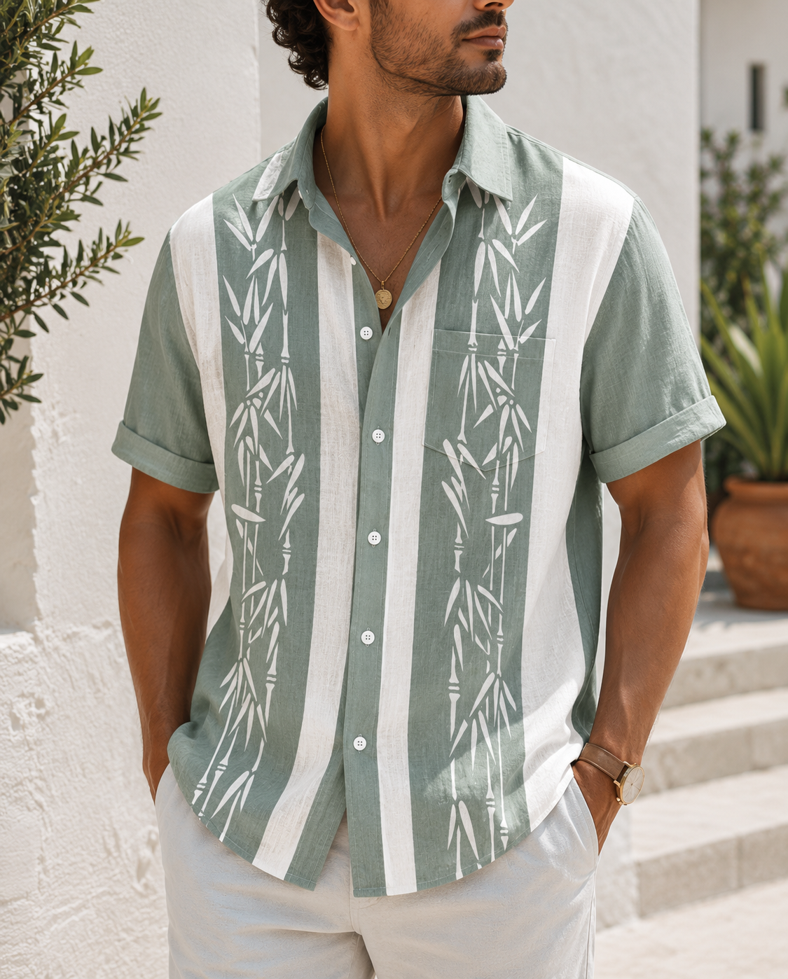 Chemise Homme à Manches Courtes Motif Bambou pour l'Été