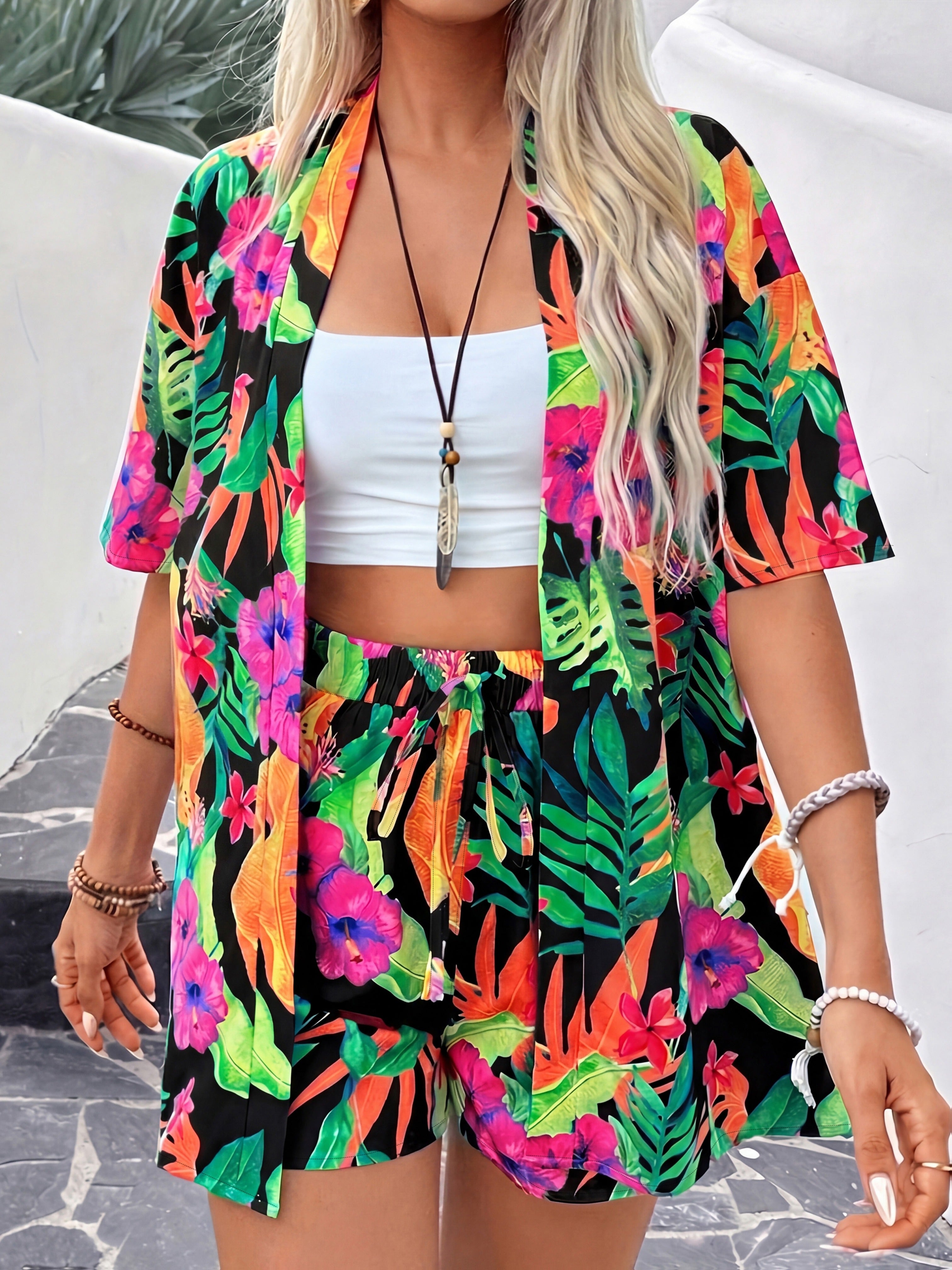 Ensemble Femme Tropical 2 Pièces – Chemise Fluide & Short Évasion Tropicale