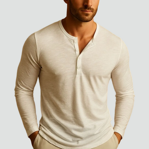 T-shirt henley homme manches longues demi-boutonné boutons contrastés coupe muscle. Tissu doux chiné casual intemporel. 